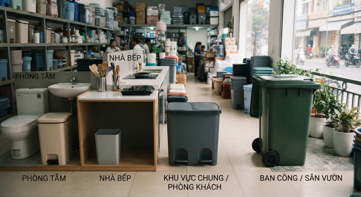 Gợi ý dung tích thùng rác nhựa phù hợp cho từng khu vực trong nhà