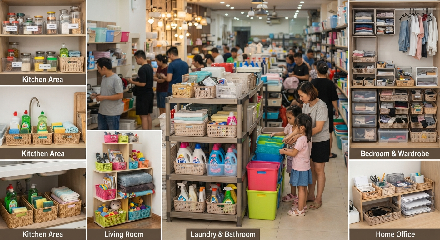 Các phương pháp kết hợp giỏ nhựa và kệ nhựa cho từng khu vực trong nhà